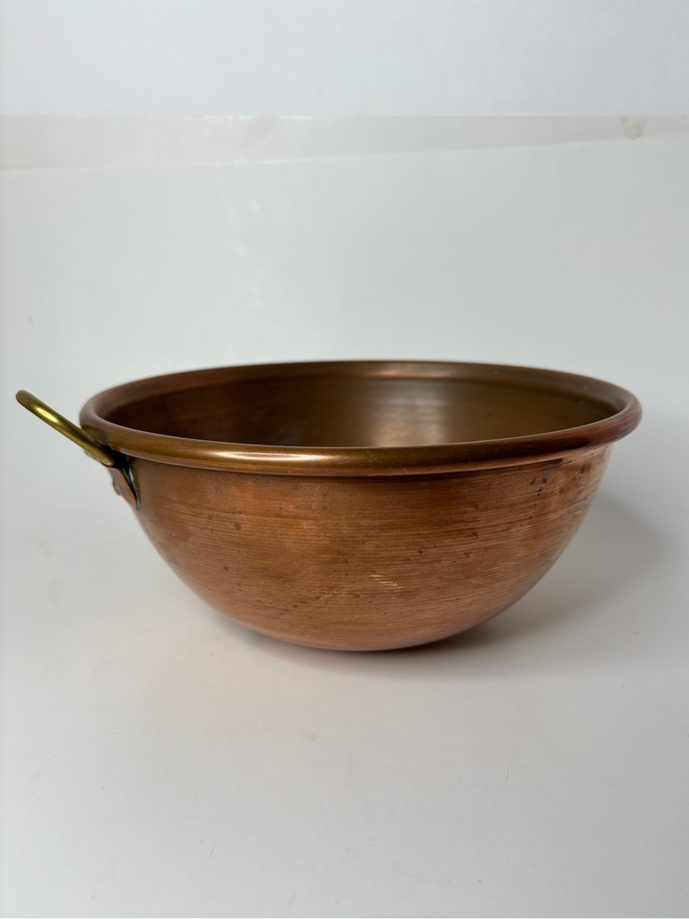 Vintage 8" Copper Mixing Bowl Rolled Edge Loop Brass Handle Domed Bottom